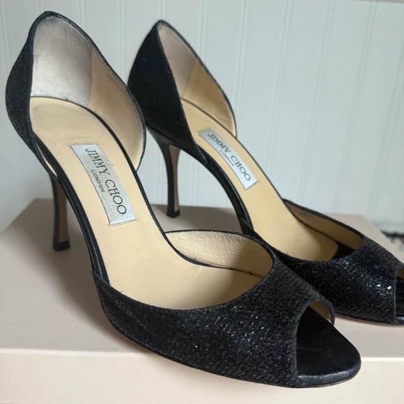 Jimmy Choo Sparkly Black Peep Toe Heels - Picture 1 of 3